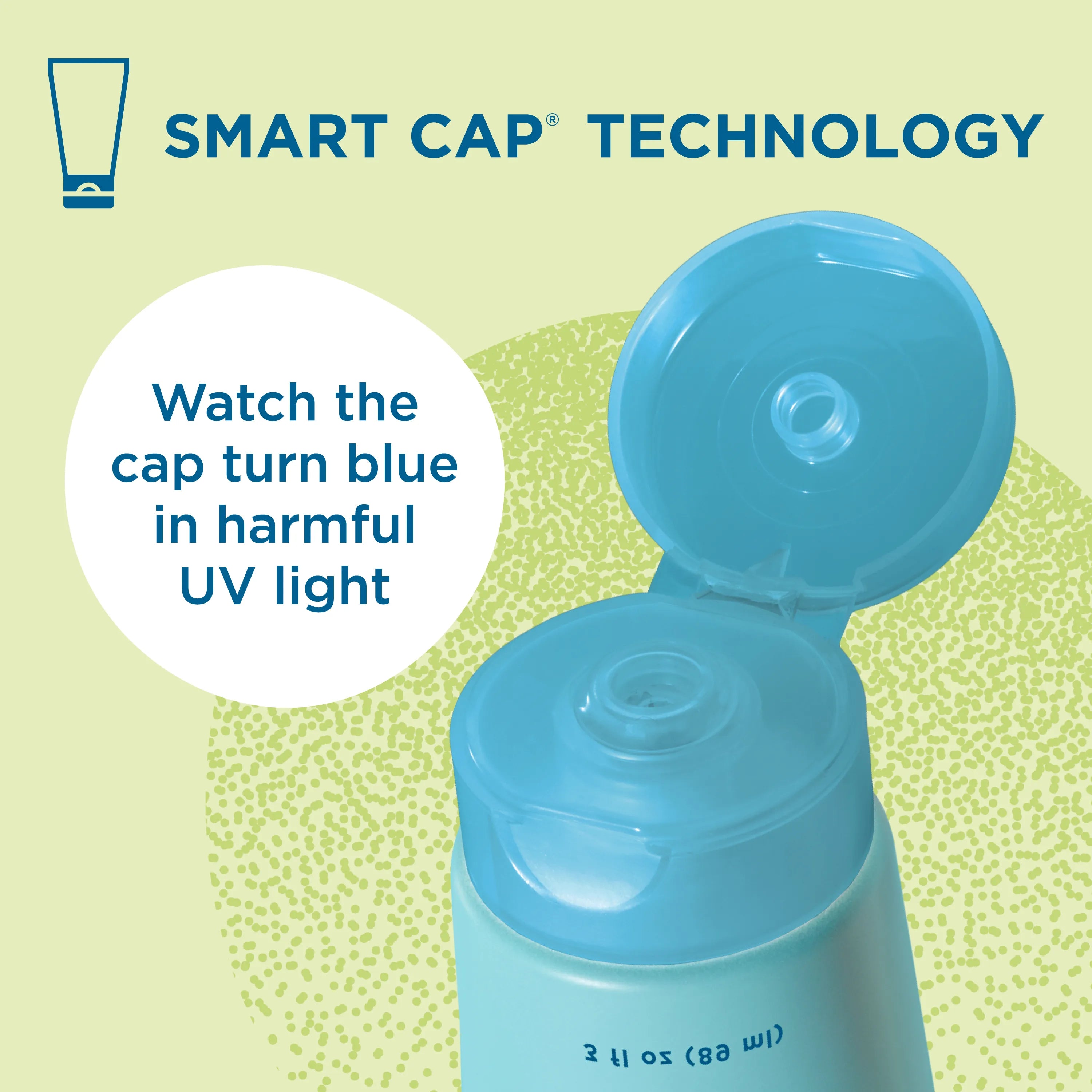 Blue bottle with open cap on a green background, featuring 'Smart Cap Technology' text.