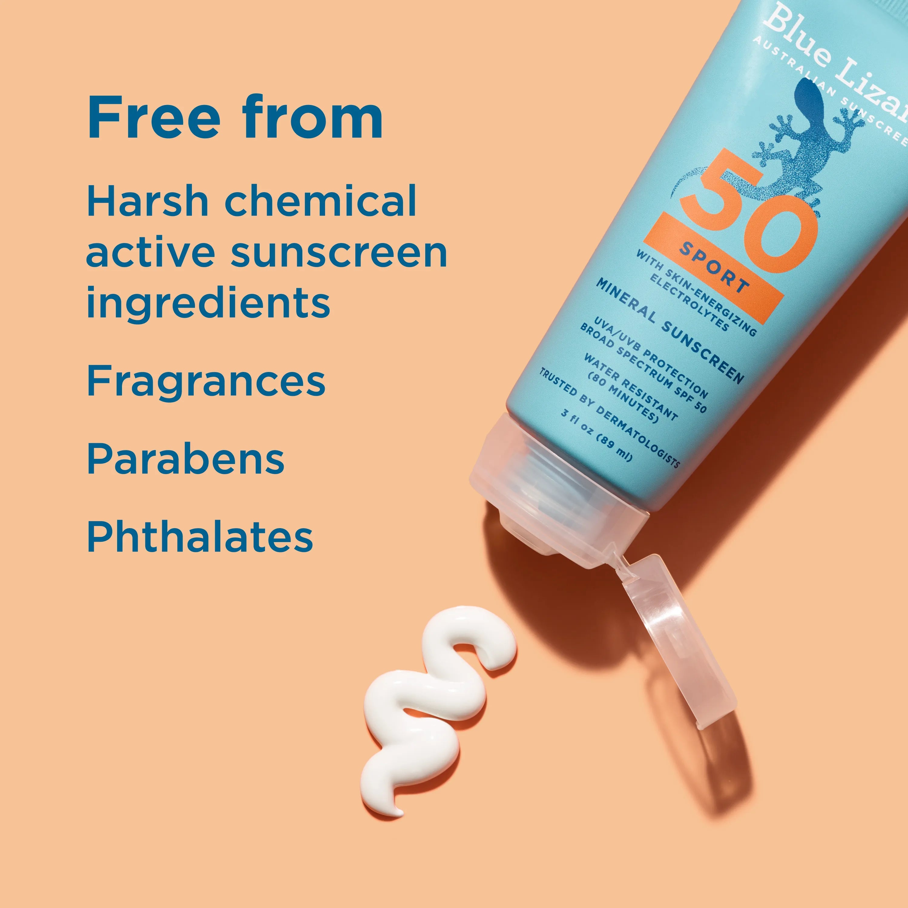 Blue Lizard Sport SPF 50 mineral sunscreen tube with ingredients safety listed on an orange background