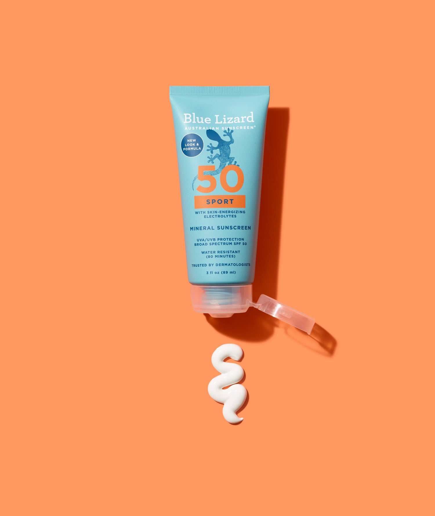 Blue Lizard SPF 50 Sport sunscreen on an orange background