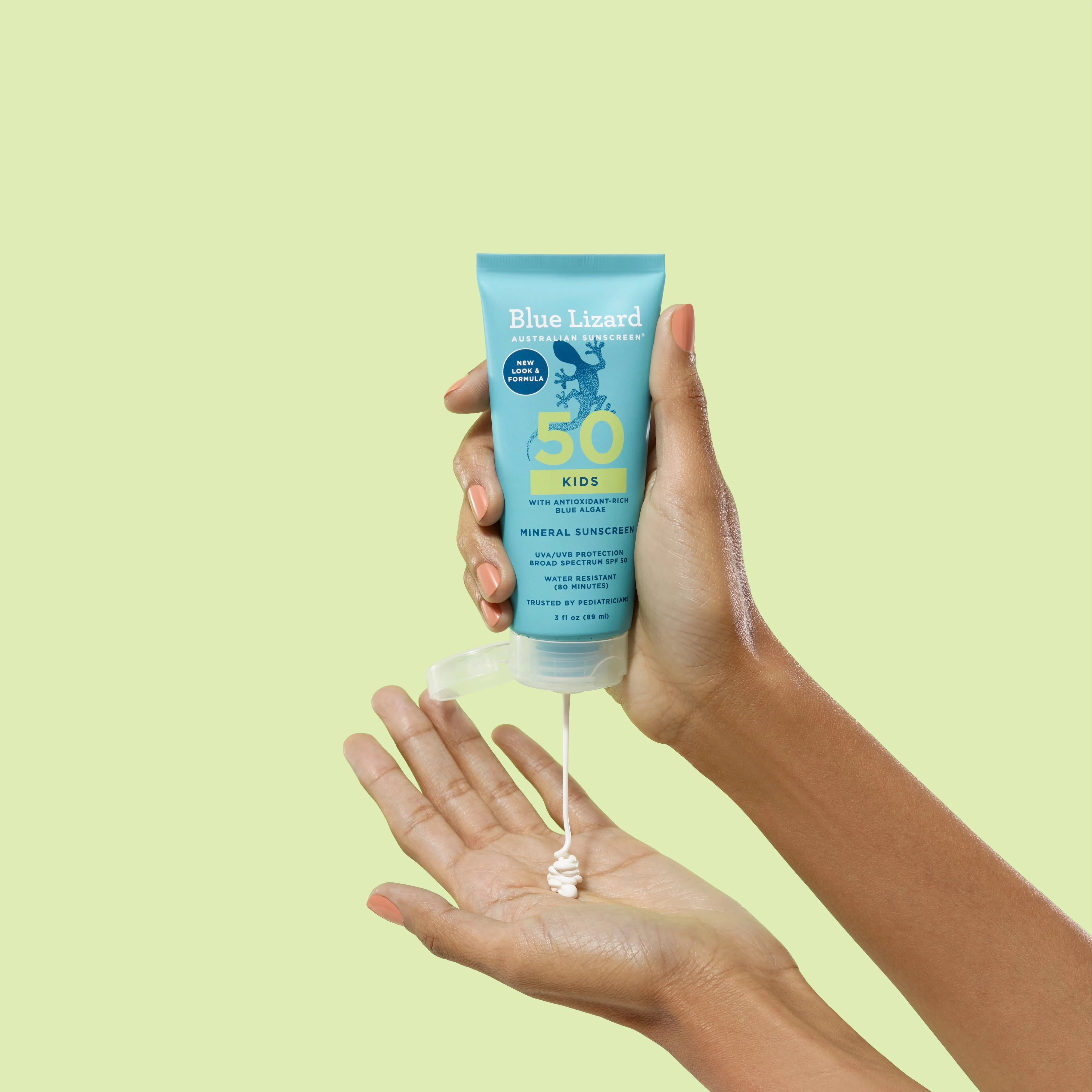 Blue Lizard mineral sunscreen SPF 50 kids lotion 3oz tube squeezed on a hand