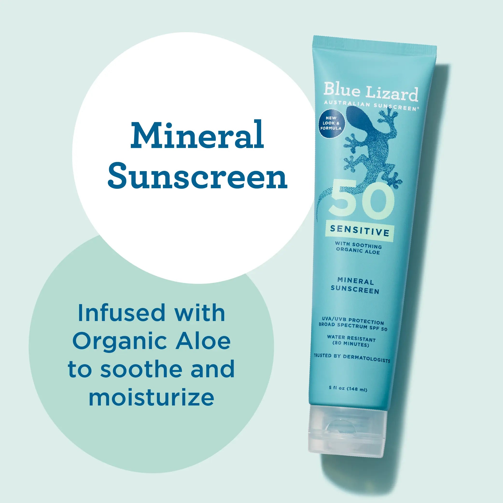 Blue Lizard SPF 50 mineral sunscreen for sensitive skin infused with organic aloe.