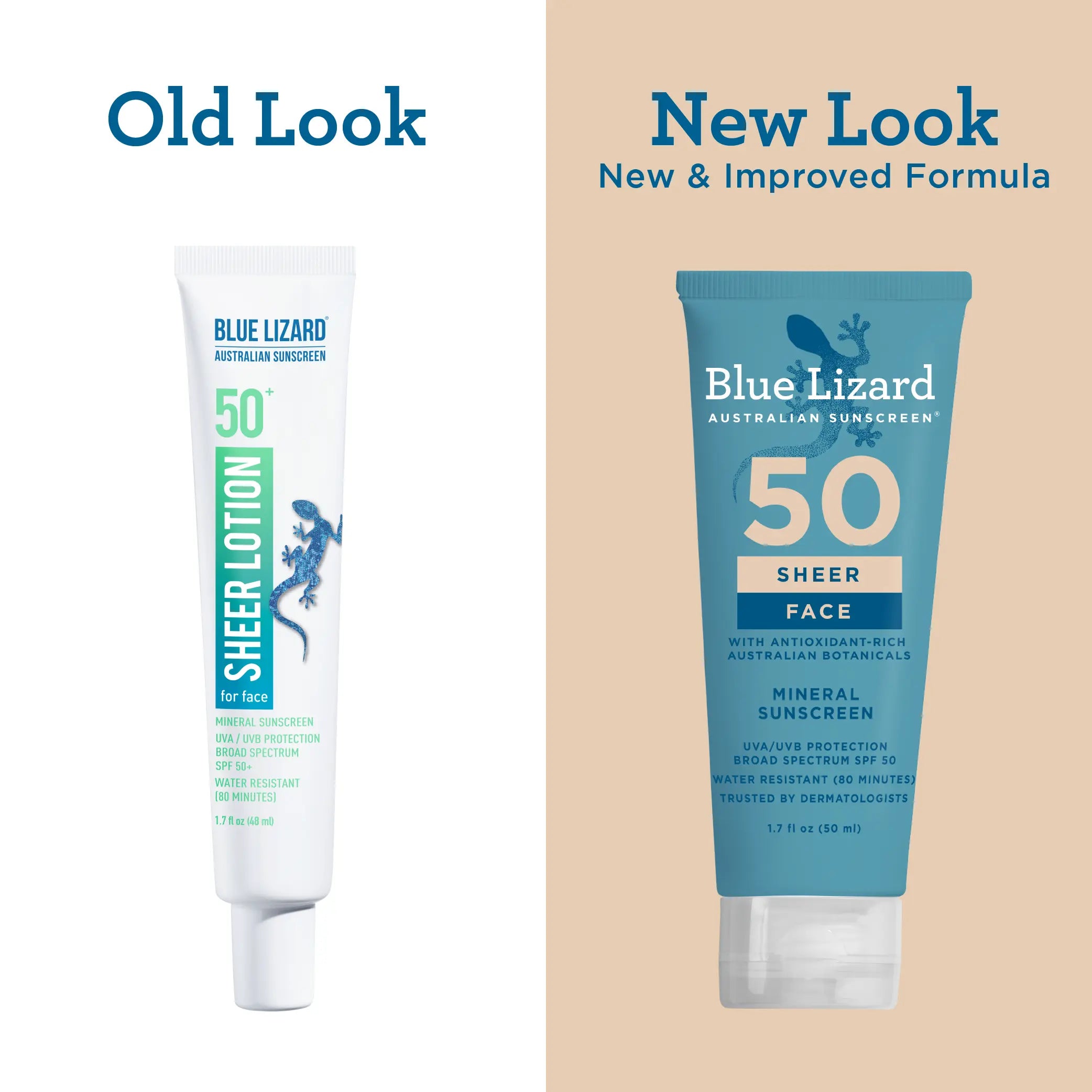 Blue Lizard mineral sunscreen SPF 50 sheer face lotion old and new design